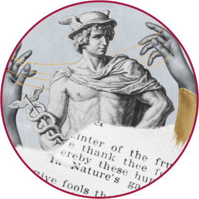 Illustrazione artistica che raffigura il dio greco Ermes, simbolo di comunicazione e mediazione, con il caduceo in mano e dettagli grafici che includono mani stilizzate e linee dorate. Lo sfondo include elementi testuali strappati e texture moderne, evocando il legame tra miti, simboli e archetipi attraverso un linguaggio visivo contemporaneo.