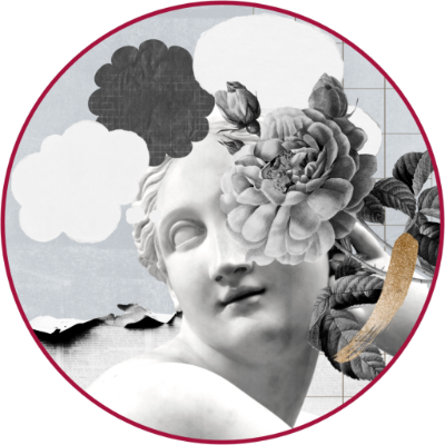 "Illustrazione artistica con una statua classica in marmo bianco parzialmente coperta da fiori in stile collage. Lo sfondo combina nuvole stilizzate e texture grafiche astratte. L'immagine rappresenta un intreccio simbolico tra filosofia e antropologia, suggerendo una riflessione sull'umanità e la bellezza classica